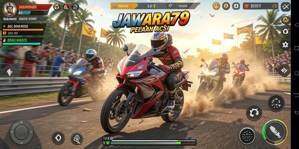 Gameplay JAWARA79 menampilkan balapan motor yang seru dan penuh aksi.