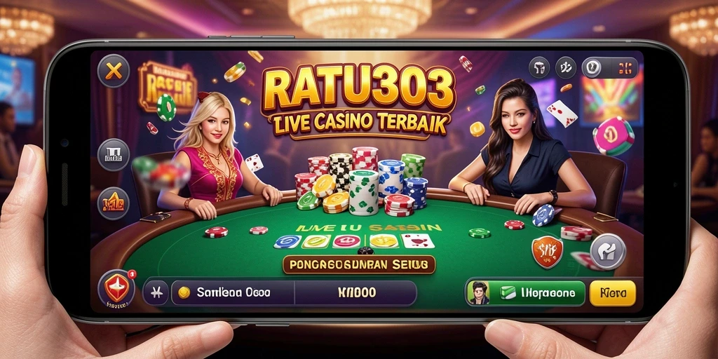 Screenshot utama RATU303 menampilkan dealer langsung dalam permainan Live Casino.