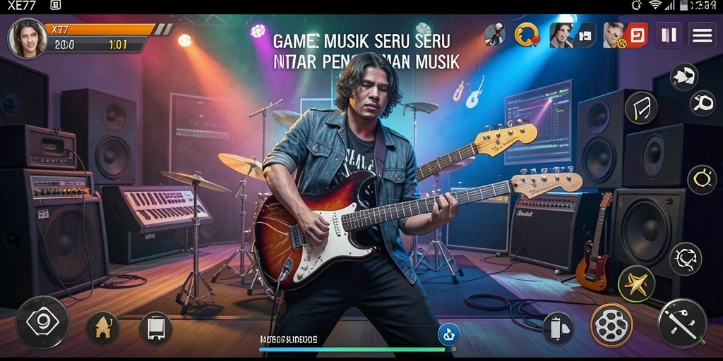 Screenshot XE77 menunjukkan gameplay musik yang mendebarkan dan interaktif.
